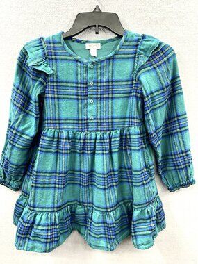 Cat & Jack Girls Dress S 6-7 Dark Green Plaid Flannel Christmas Ruffles Pockets